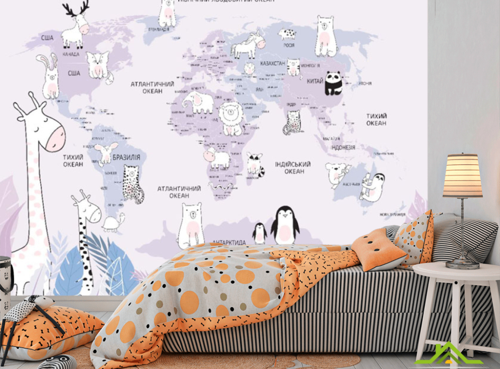 выбрать Фотообои Фиолетовая карта с животными украинском Фотообои Развивающие карты на стену