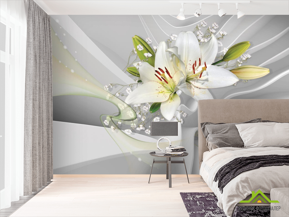 Фотошпалери білі лілії на тлі білих хвиль
