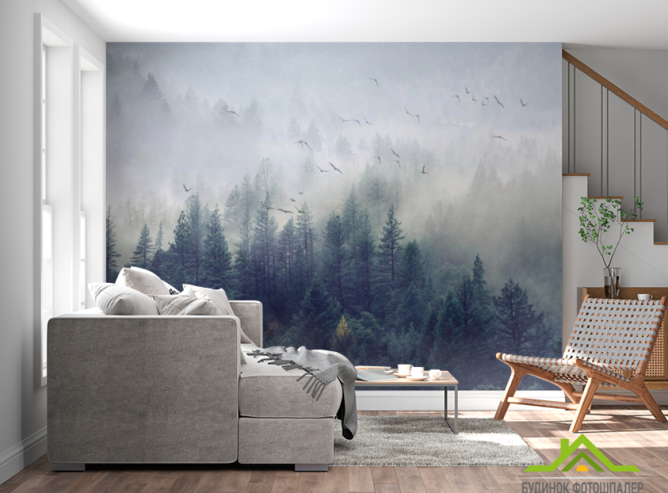 выбрать Фотошпалери Туманний ліс з птахами Фотошпалери Природа на стіну