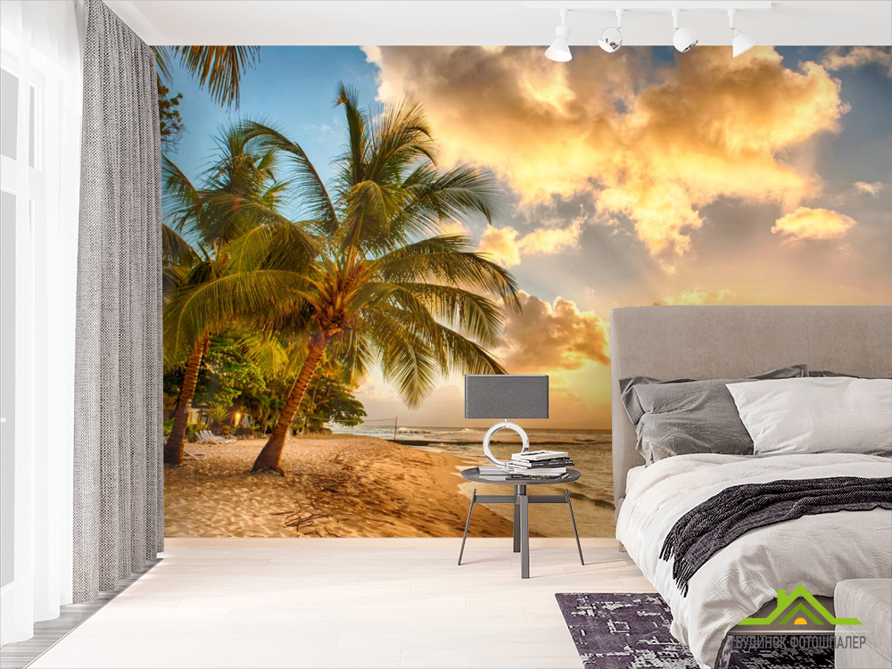 Фотошпалери пальми над морем і жовті хмари