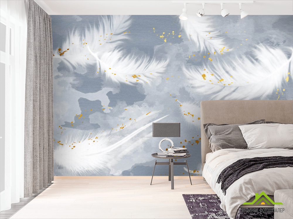 Фотошпалери Пір'я на блакитному з золотом