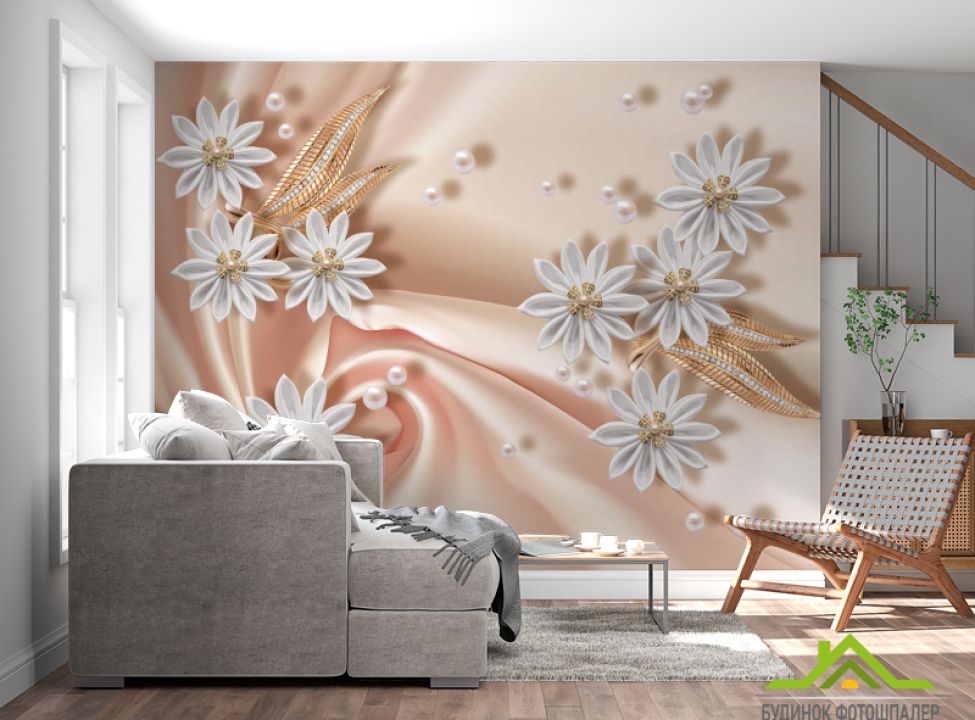 выбрать Фотошпалери білі квіти брошки на тканини Фотошпалери Квіти на стіну