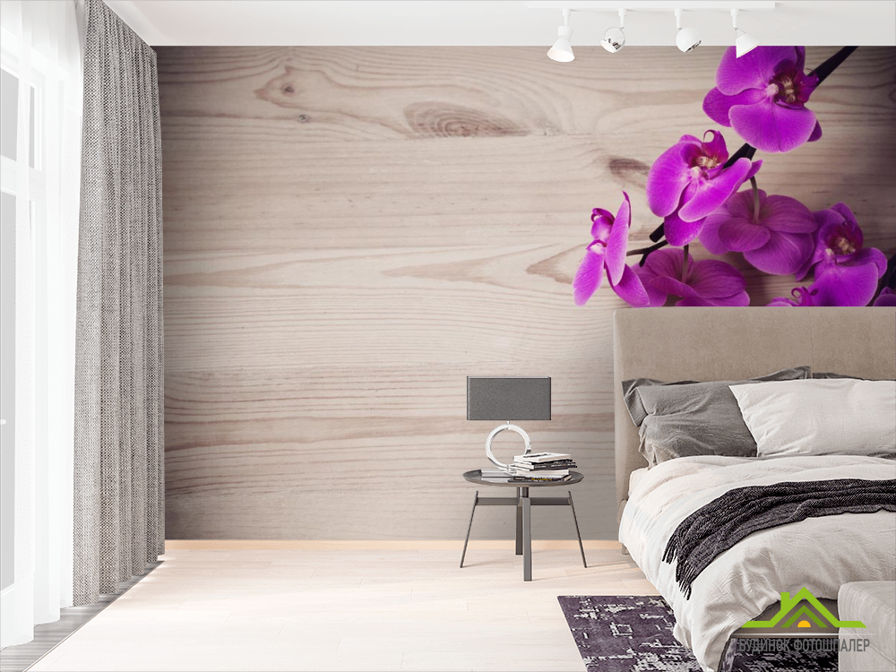 Фотошпалери фіолетова орхідея на дерев'яному тлі