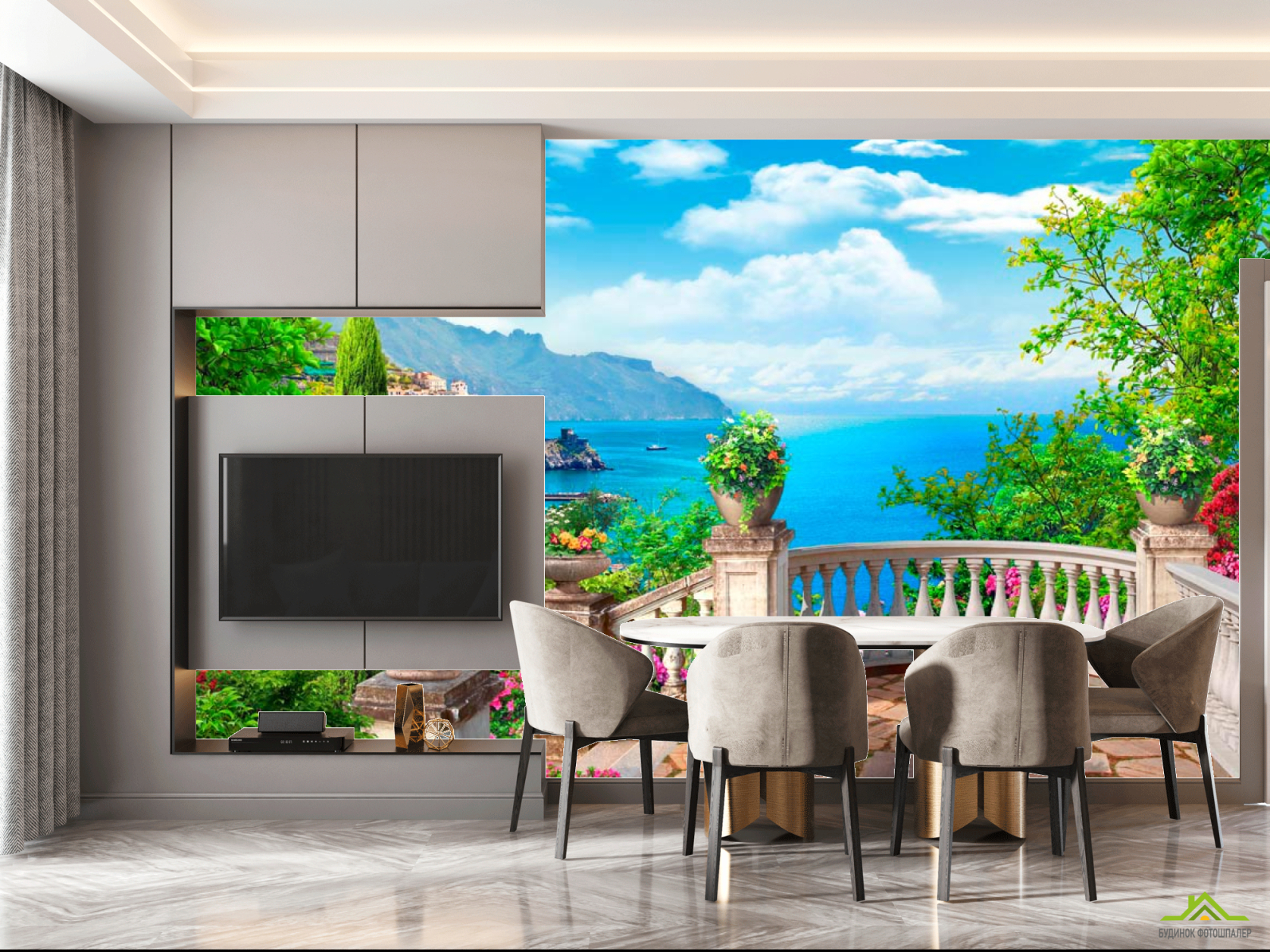 Фотошпалери Місто, клумби, балкон