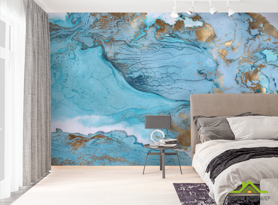 выбрать Фотошпалери Блакитний флюїд з золотими ділянками Фотошпалери Fluid art на стіну