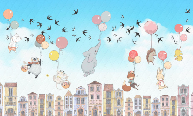 Фотошпалери Звірі летять над будиночками