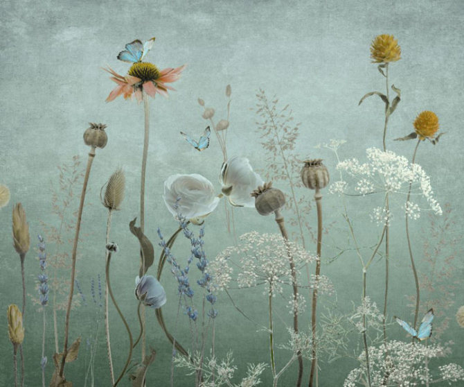 Фотообои Полевые дизайнерские цветы зеленые