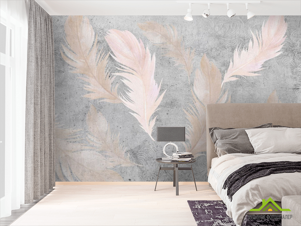 Фотошпалери рожеві пір'я на тлі бетону.