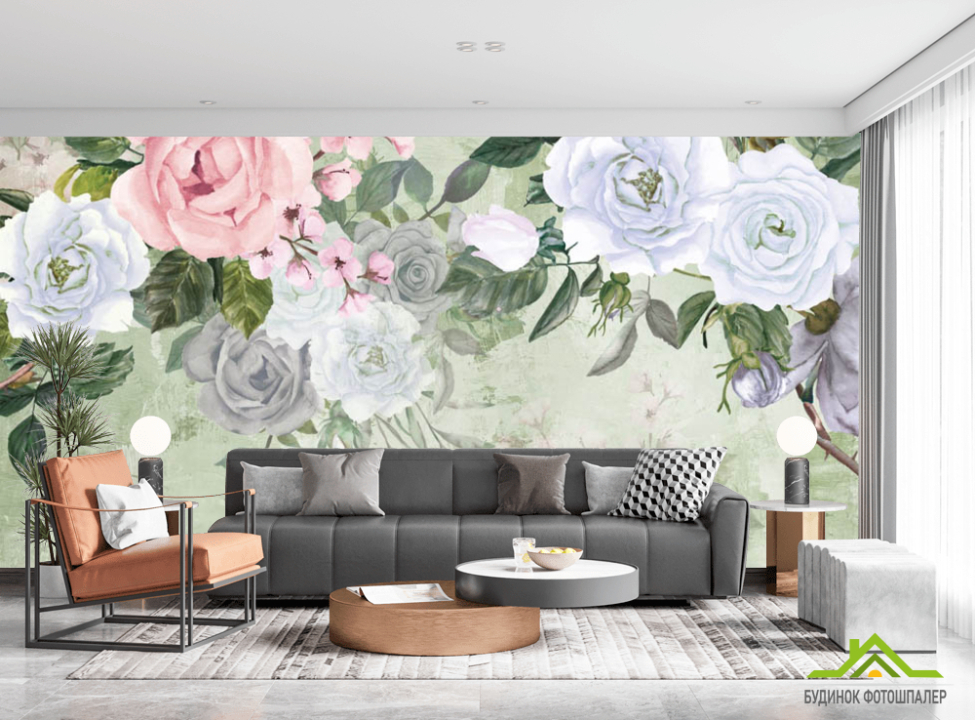 выбрать Фотообои Акварельные цветы на зелёном фоне Фотообои Цветы на стену