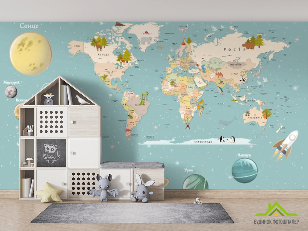 Фотошпалери Дитяча карта українською з планетами