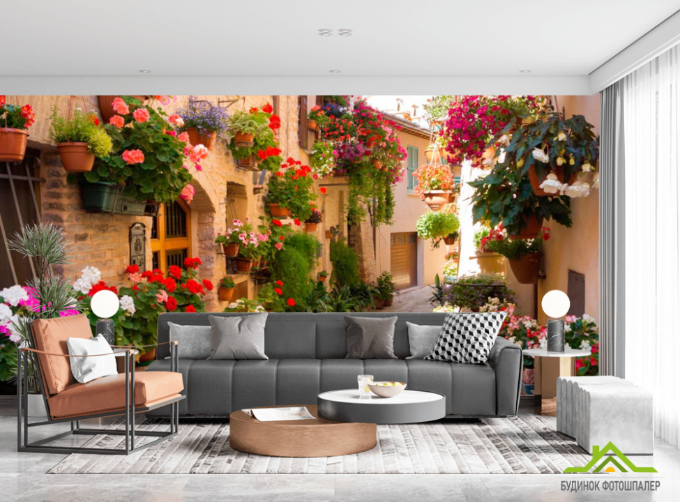 выбрать Фотошпалери Вузька вуличка з квітами Фотошпалери Вулиці на стіну