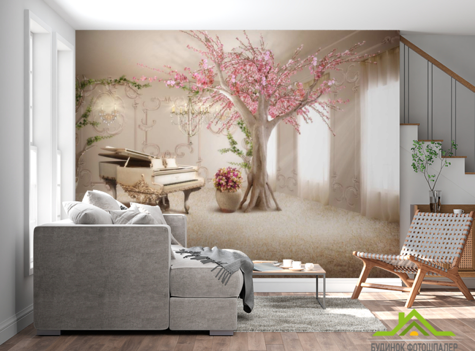 выбрать Фотообои Сакура с роялем 3D фотообои расширяющие пространство на стену