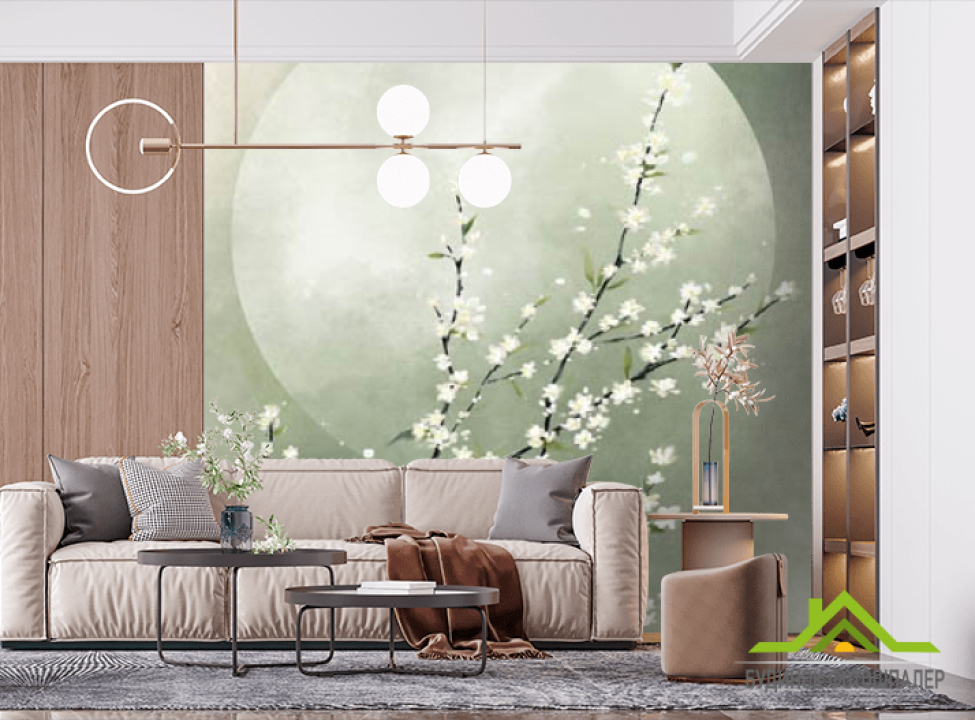 выбрать Фотошпалери Зелена гілка сакури Фотошпалери Східний стиль на стіну