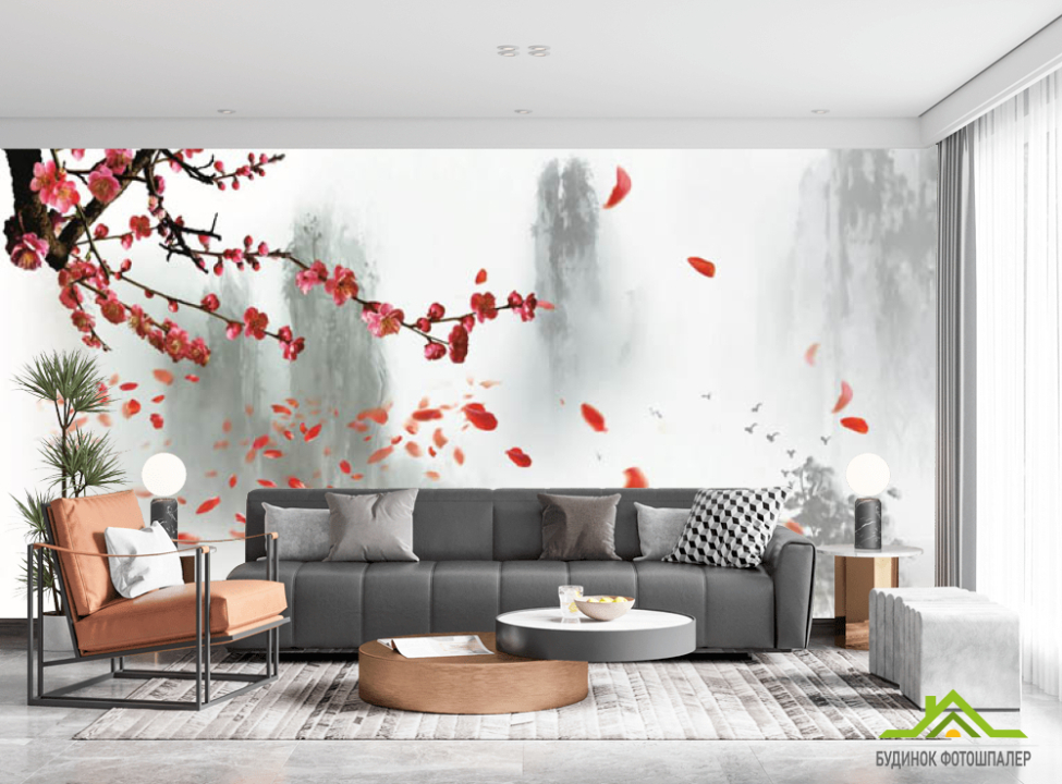 выбрать Фотообои Красная ветка сакуры Фотообои Восточный стиль на стену