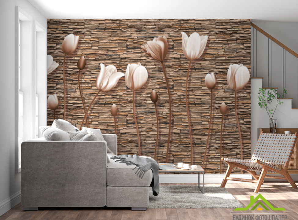 выбрать Фотошпалери Тюльпани на кам'яному тлі Фотошпалери 3Д барельєф на стіну