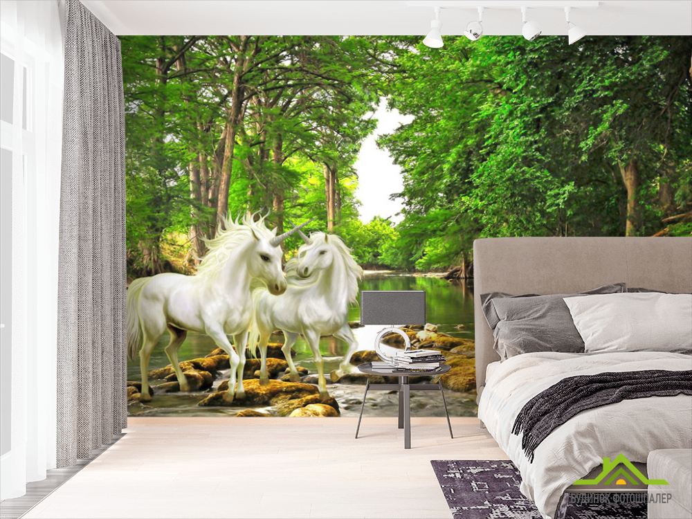 Фотошпалери Білі єдинороги в лісі