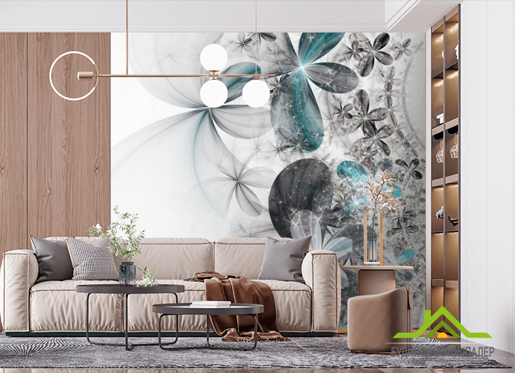 Фотошпалери сіро-бірюзові абстрактні квіти