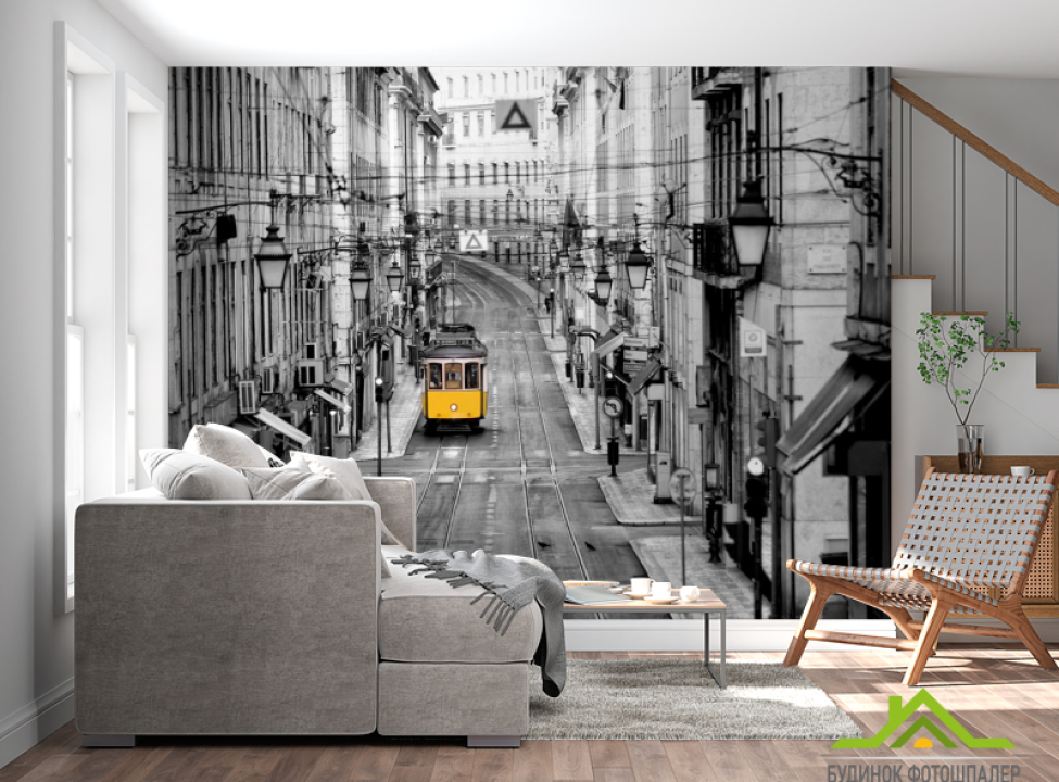 выбрать Фотошпалери жовтий трамвай у місті Фотошпалери Місто на стіну