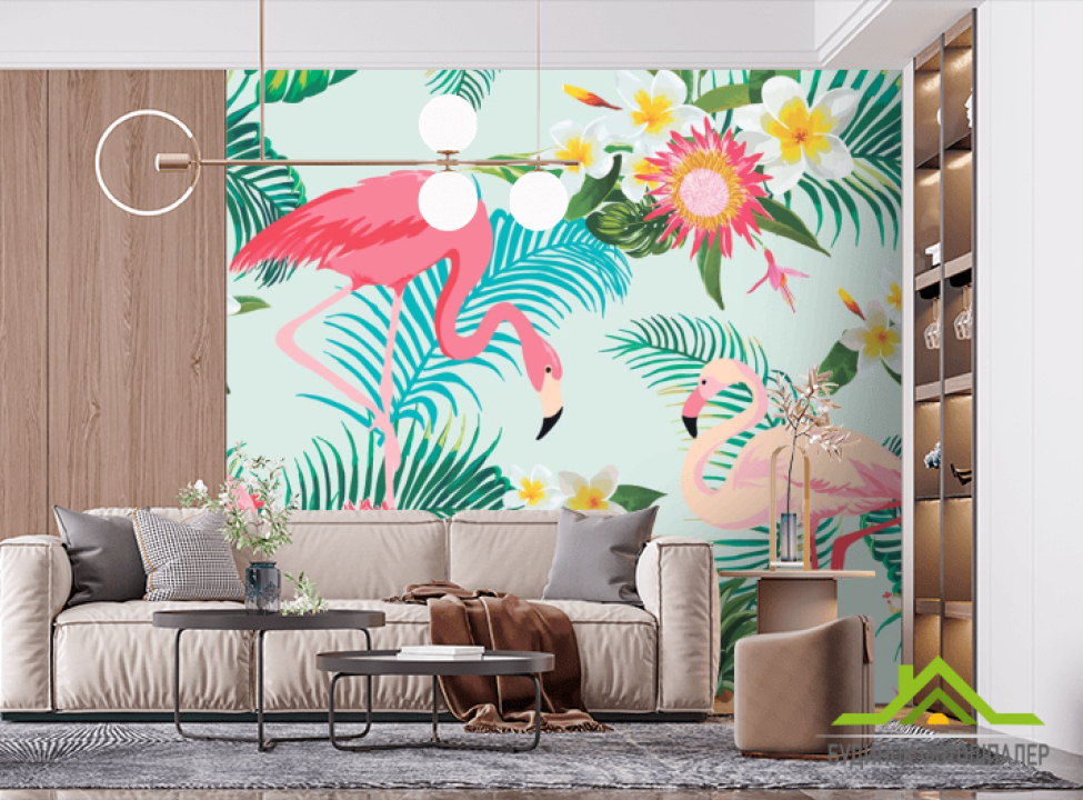выбрать Фотообои Тропические листья Фотообои с Фламинго на стену