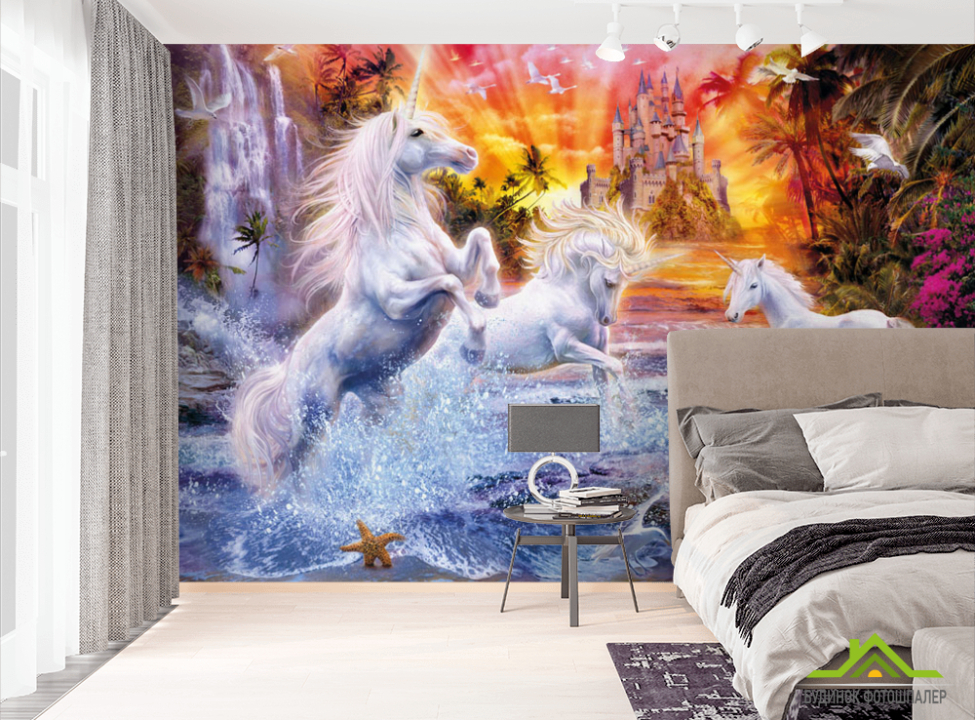 выбрать Фотошпалери Білі грають єдинороги Фотошпалери Фрески на стіну