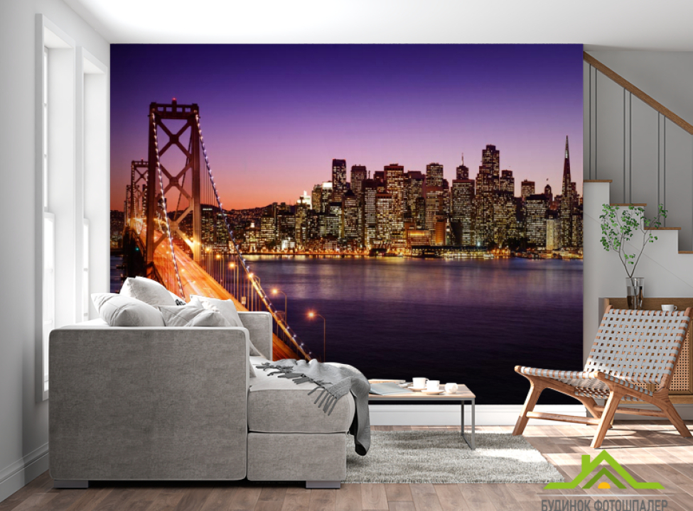выбрать Фотошпалери мегаполіс над річкою фіолетовою Фотошпалери Місто на стіну