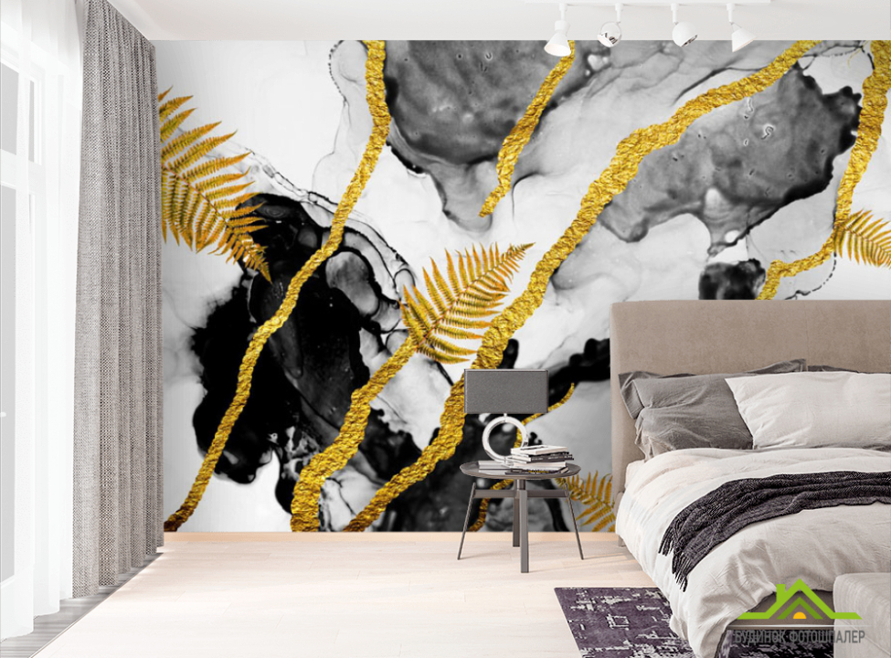 выбрать Фотошпалери чорні розводи флюїд арт з золотом. Фотошпалери Fluid art на стіну