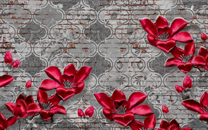 Фотообои Бордовые цветы на фоне печворк