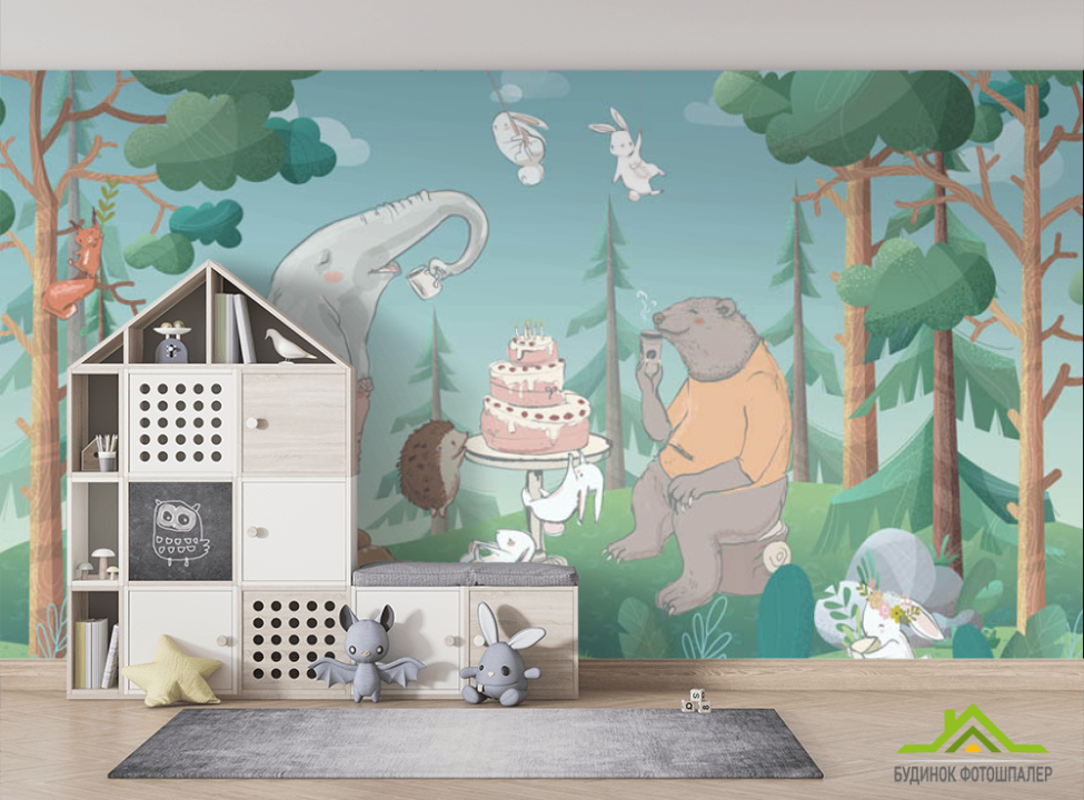 выбрать Фотошпалери Звірі на пікніку в лісі Фотошпалери Little kids на стіну