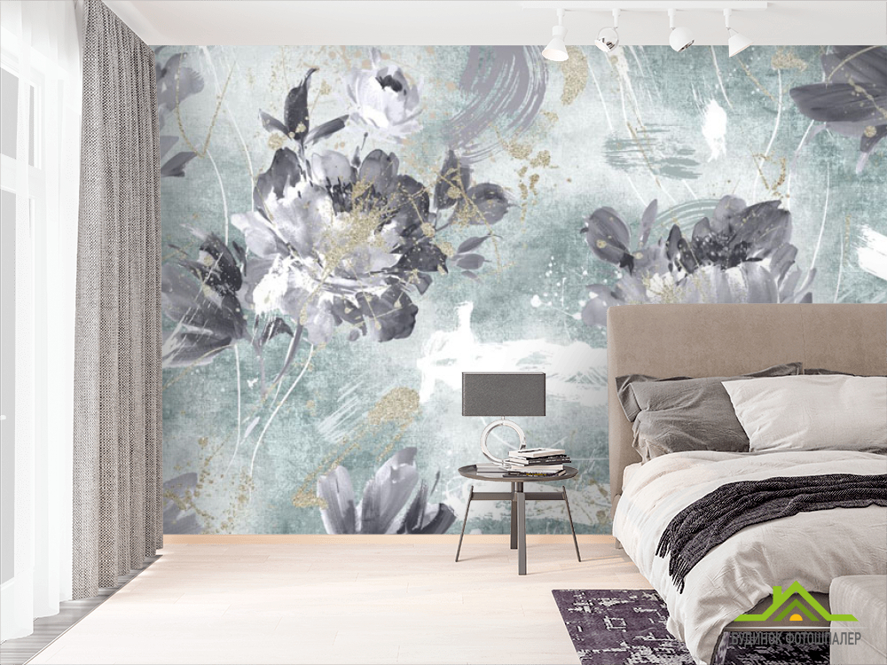 Фотошпалери дизайнерські квіти з бірюзовим золотом.