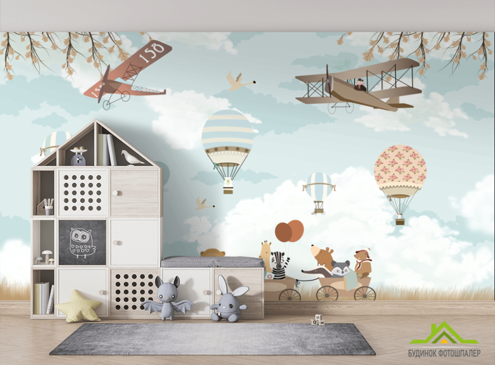 выбрать Фотошпалери Звери на велосипеде и воздушные шары Фотошпалери Little kids на стіну
