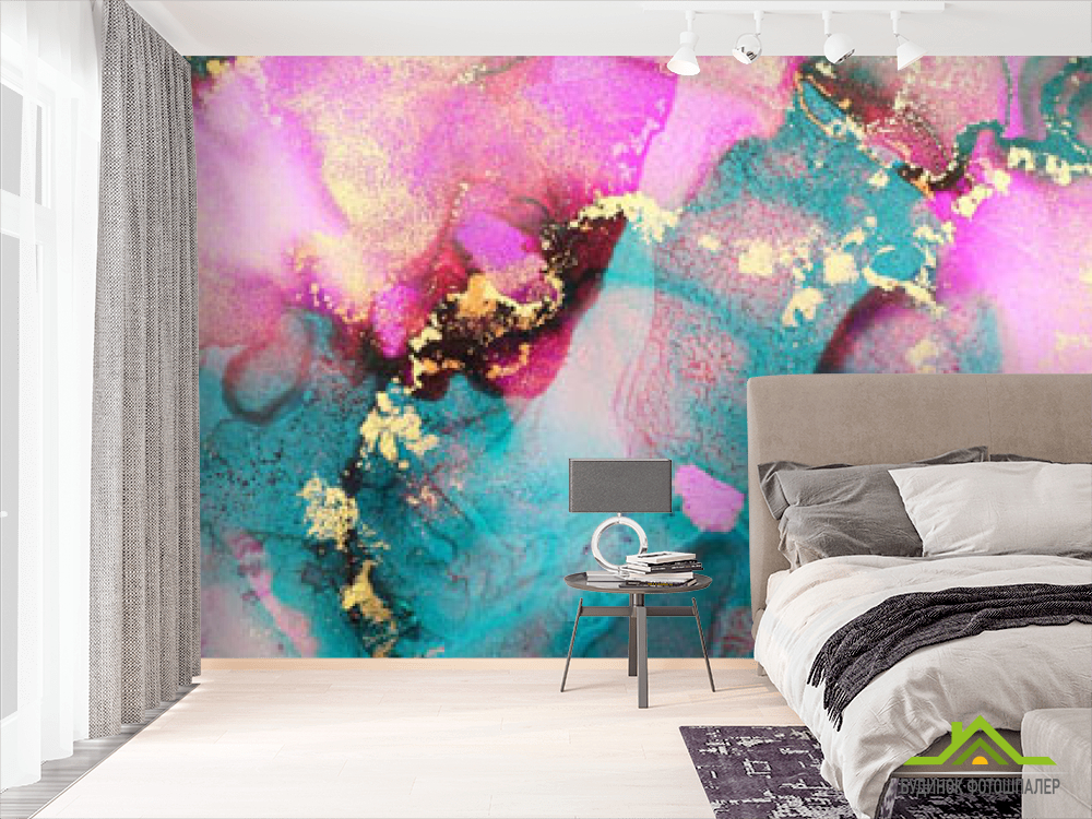 Фотошпалери бірюзово-рожевий флюїд з золотом
