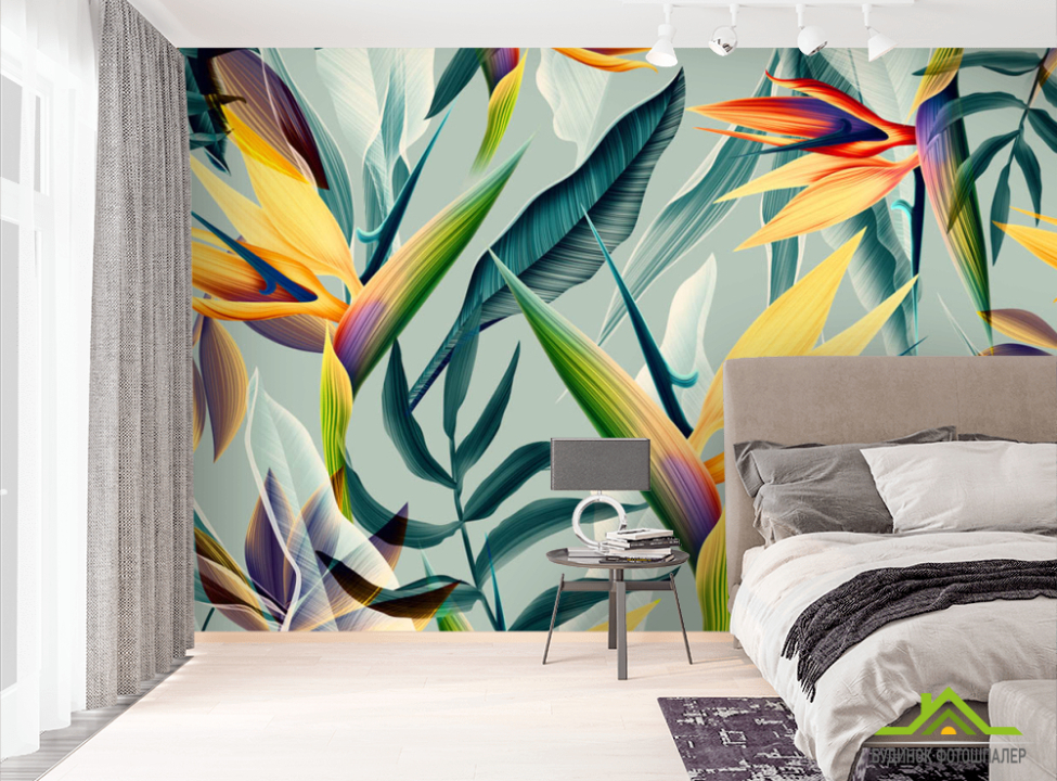 выбрать Фотошпалери Яскраві тропічний принт Фотошпалери тропічні листя на стіну