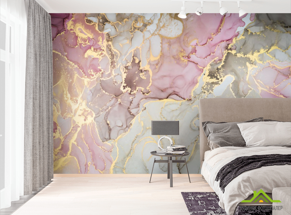 выбрать Фотошпалери Рожевий мамур з золотом. Фотошпалери Fluid art на стіну