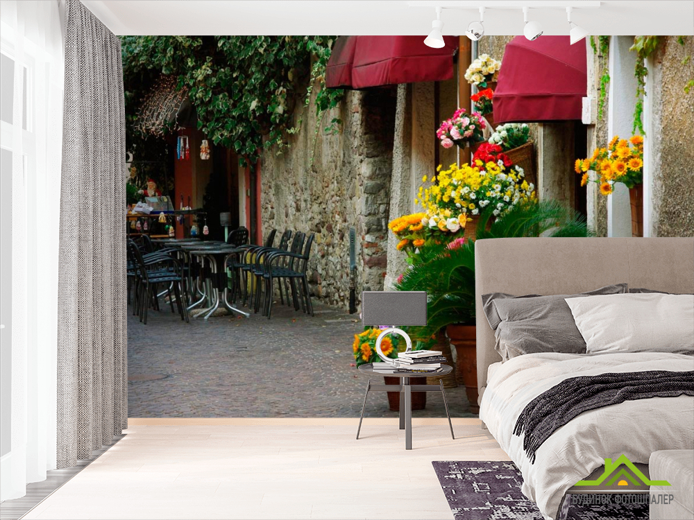 Фотообои Кафе на улочке с цветами