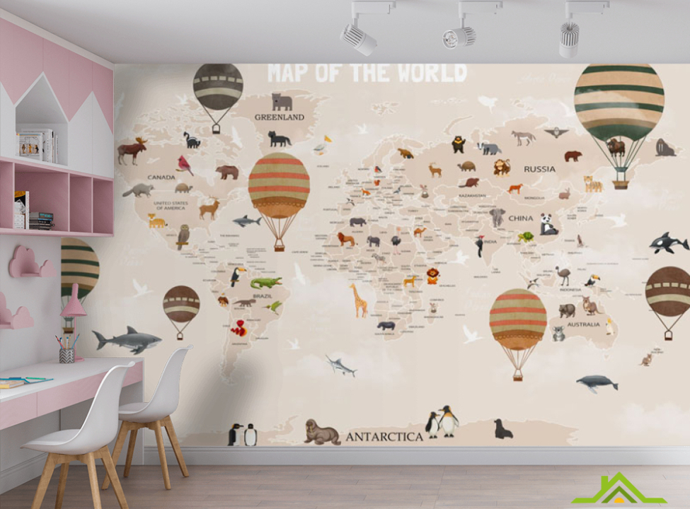 выбрать Фотообои Карта мира детская в бежевом цвете на английском Фотообои Развивающие карты на стену