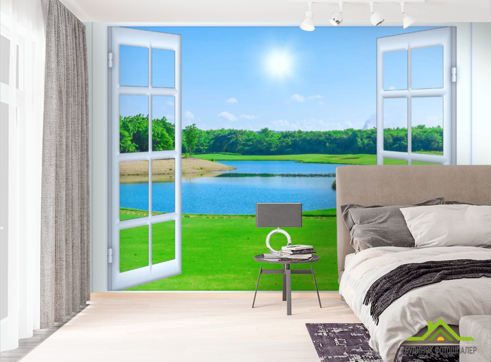выбрать Фотошпалери озеро за вікном Фотошпалери Вид з вікна на стіну