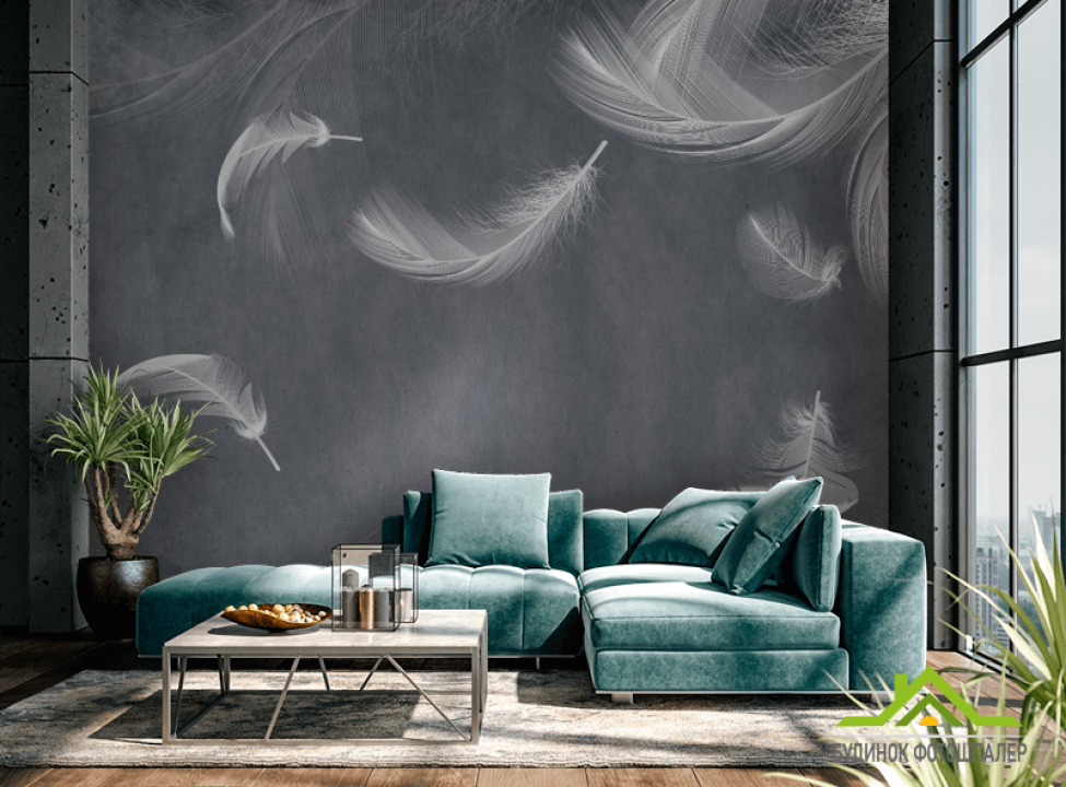 выбрать Фотошпалери білі пір'я на сірому Фотошпалери пір'я на стіну