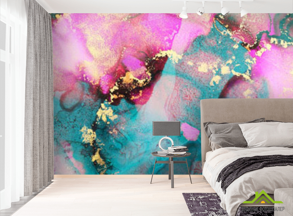 выбрать Фотошпалери бірюзово-рожевий флюїд з золотом Фотошпалери Fluid art на стіну
