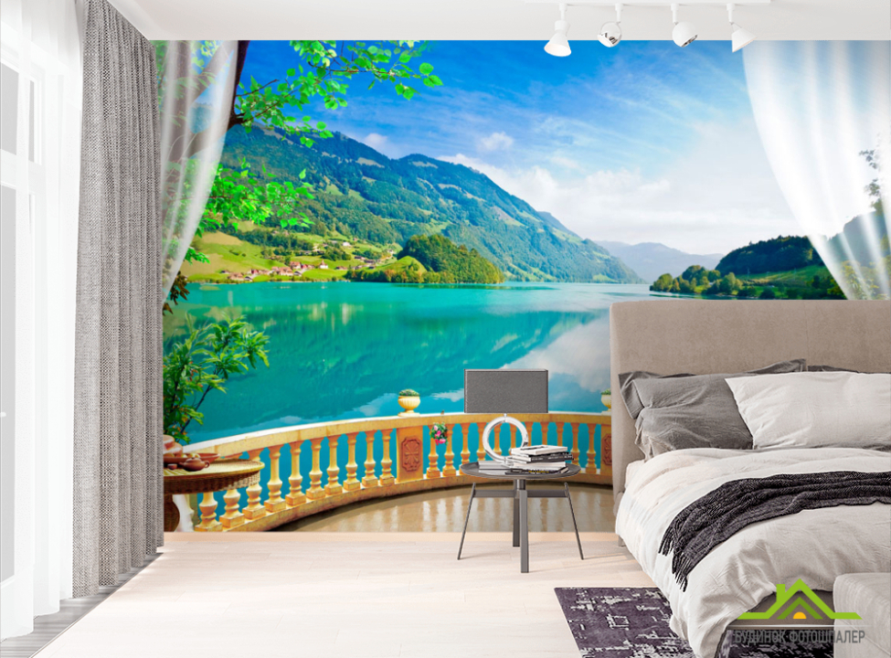 выбрать Фотошпалери Панорамне вікно з озером Фотошпалери Вид з вікна на стіну