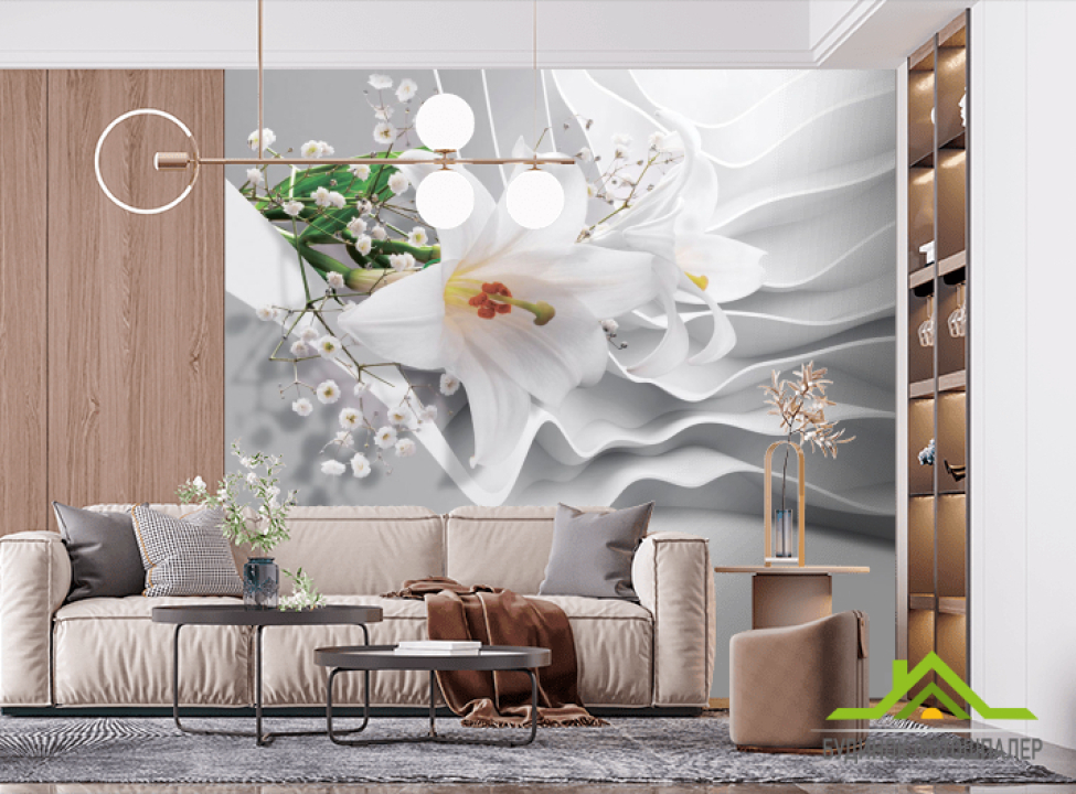 выбрать Фотообои Лилии на сером фоне 3D фотообои расширяющие пространство на стену