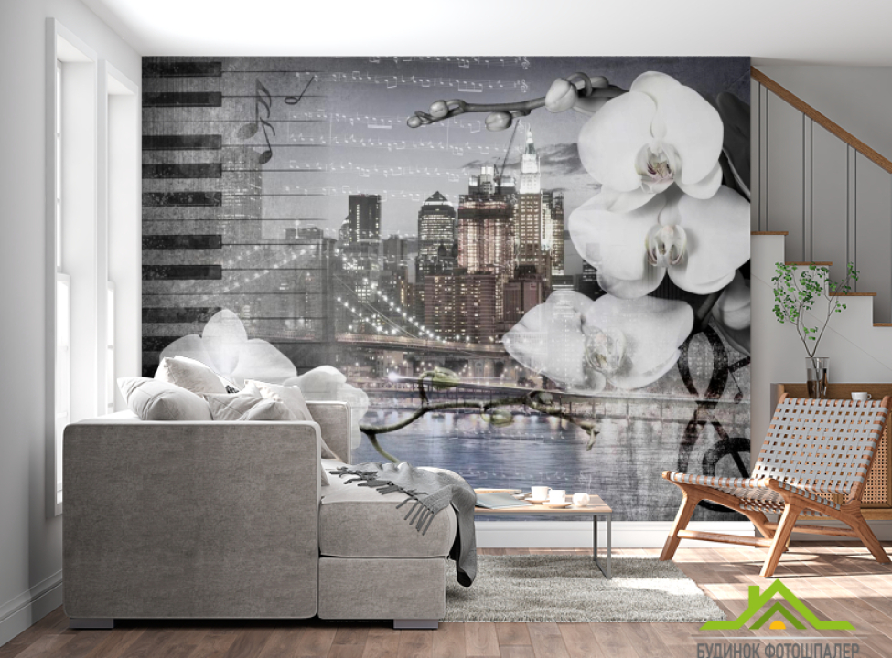выбрать Фотообои Орхидея на фоне города Фотообои цветы 3d на стену