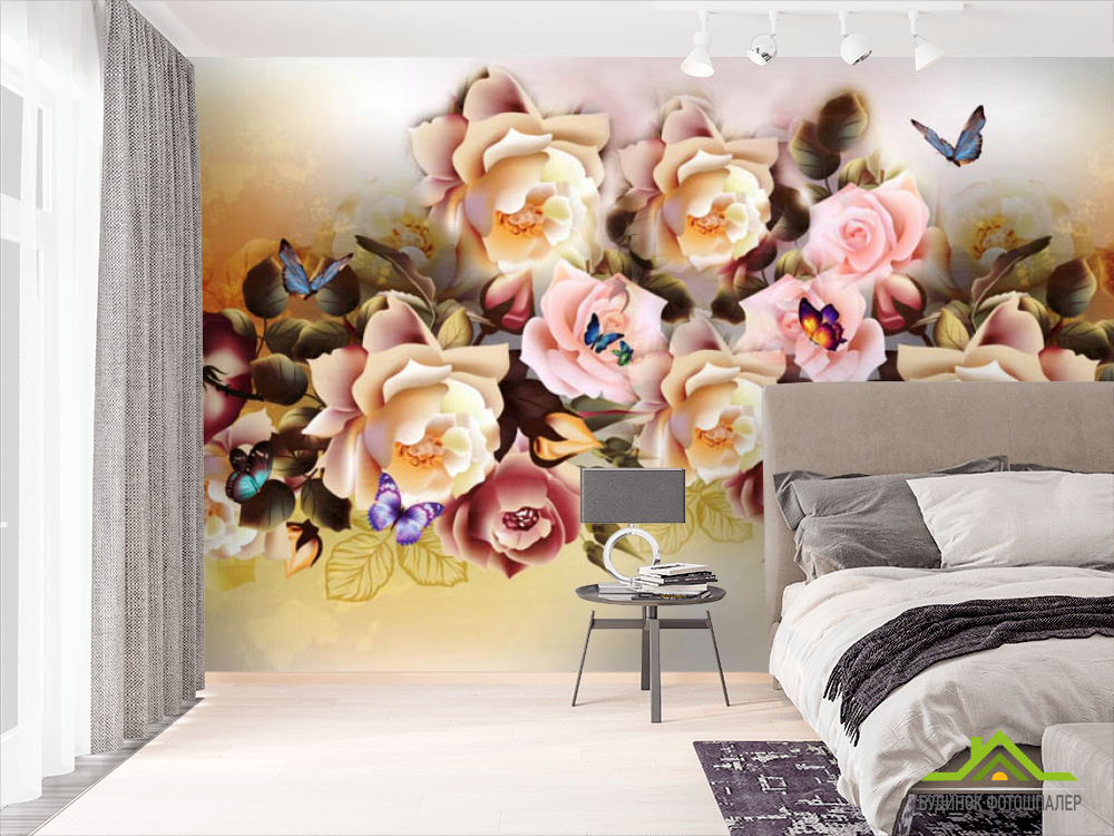 Фотошпалери мікс квітів з метеликами