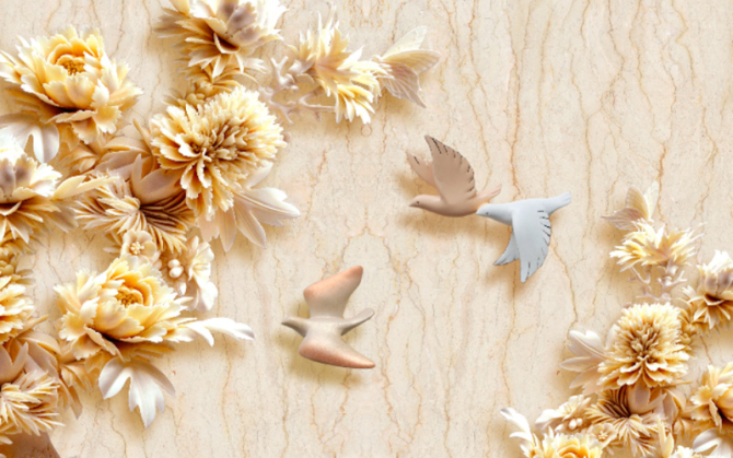 Фотошпалери Стеоскопические квіти і голуби