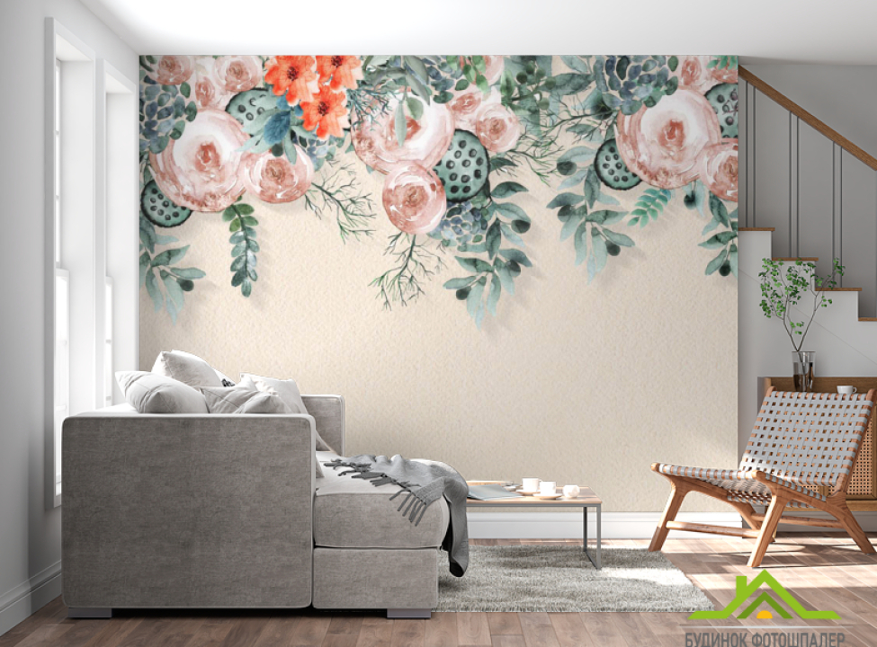 выбрать Фотообои Акварельные цветы с потолка Фотообои Цветы на стену