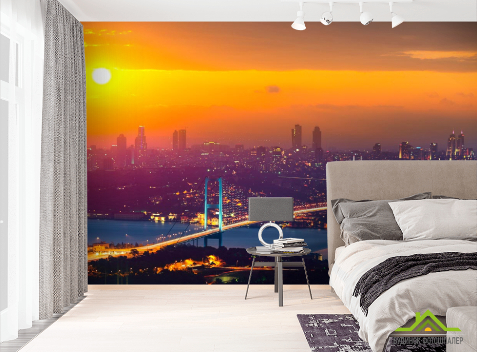 выбрать Фотошпалери красивий жовтий захід сонця над містом Фотошпалери Місто на стіну