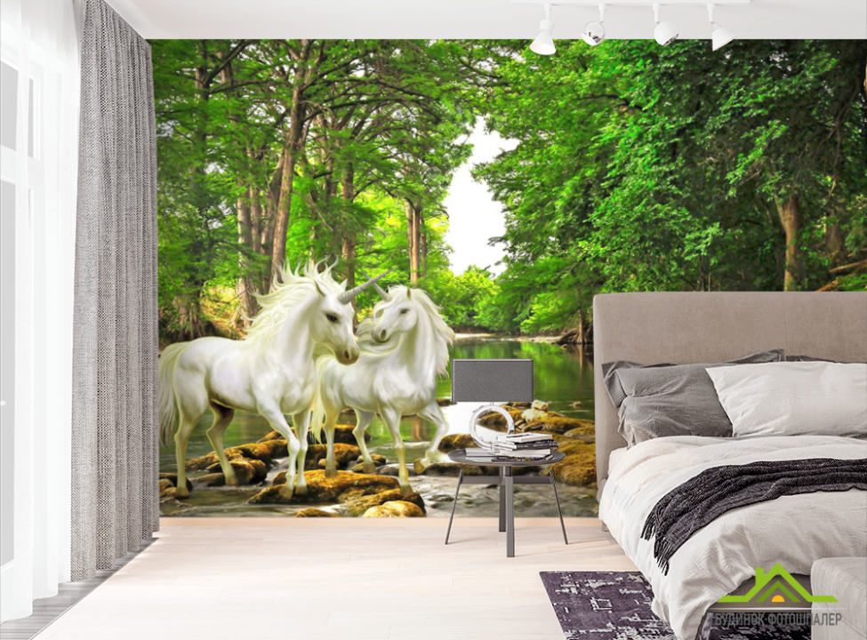 выбрать Фотошпалери Білі єдинороги в лісі Фотошпалери Фрески на стіну