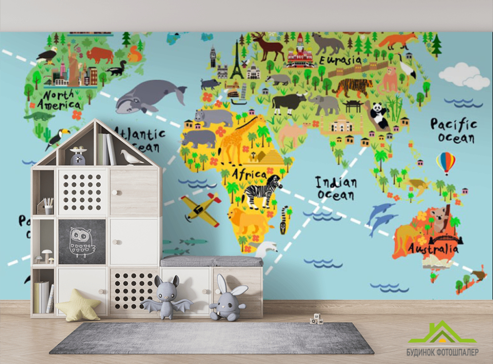 выбрать Фотошпалери Дитяча карта з тваринами Фотошпалери Розвиваючі карти на стіну