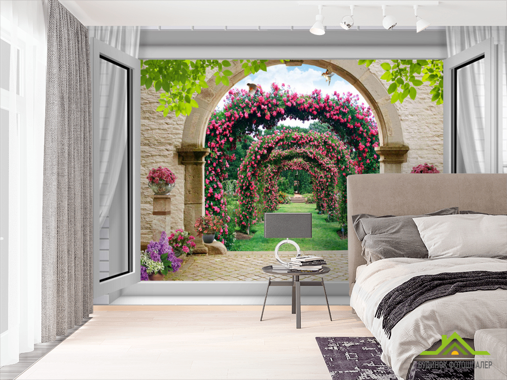 Фотошпалери Вид з вікна на сад з трояндами