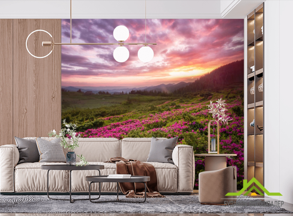 выбрать Фотообои закат над сиреневыми цветами Фотообои Природа на стену