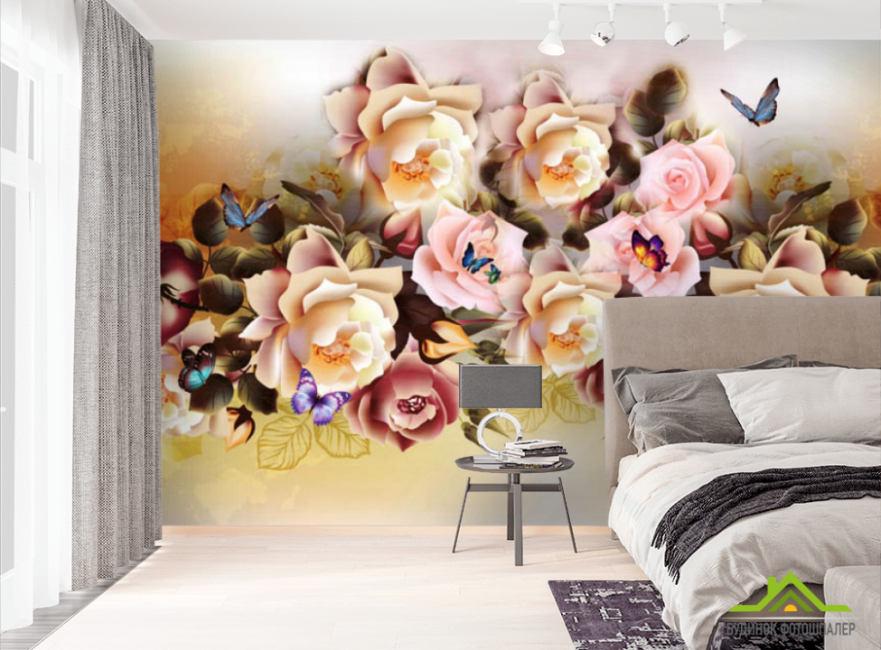 выбрать Фотошпалери мікс квітів з метеликами Фотошпалери різні на стіну